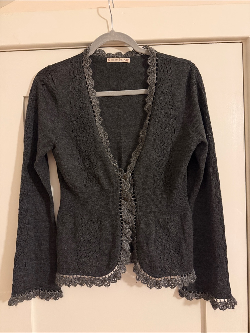 Nanette Lepore Charcoal Gray Lace-Trim Knit Cardigan